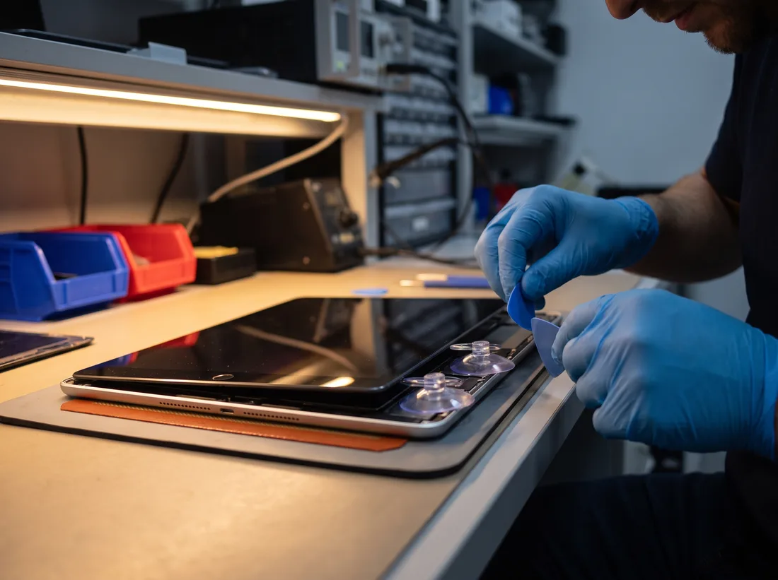 Skrin tablet diangkat dengan suction cup dan alat pry semasa proses repair di iPRO SP Sungai Petani